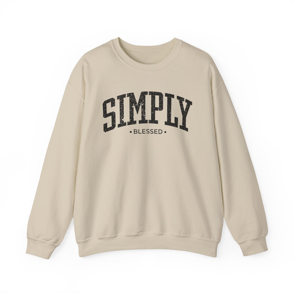 Front view of Sand crewneck sweatshirt with black large ‘SIMPLY BLESSED’ text across chest