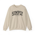 Front view of Sand crewneck sweatshirt with black large ‘SIMPLY BLESSED’ text across chest