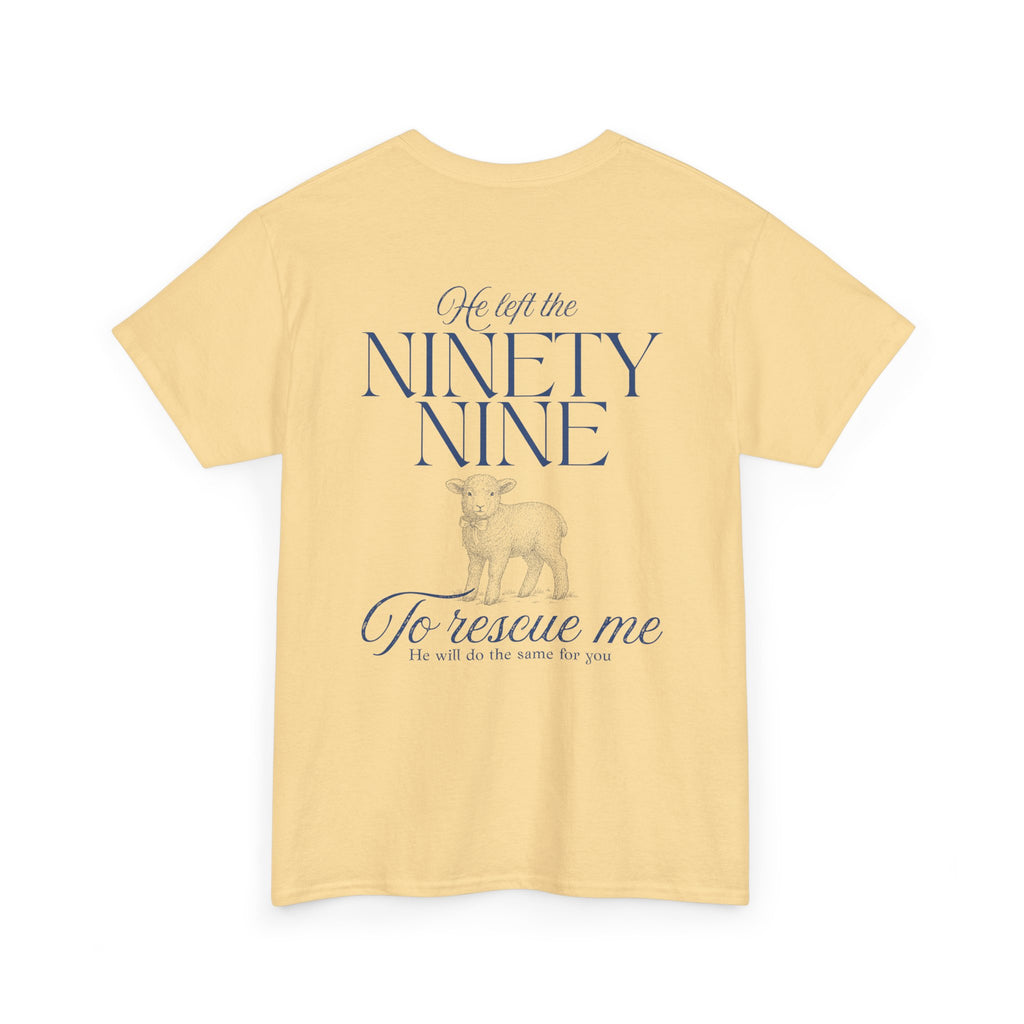Back view of t-shirt in color Yellow Haze with blue text from Luke chapter 15 and a blue lamb graphic