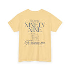Back view of t-shirt in color Yellow Haze with blue text from Luke chapter 15 and a blue lamb graphic