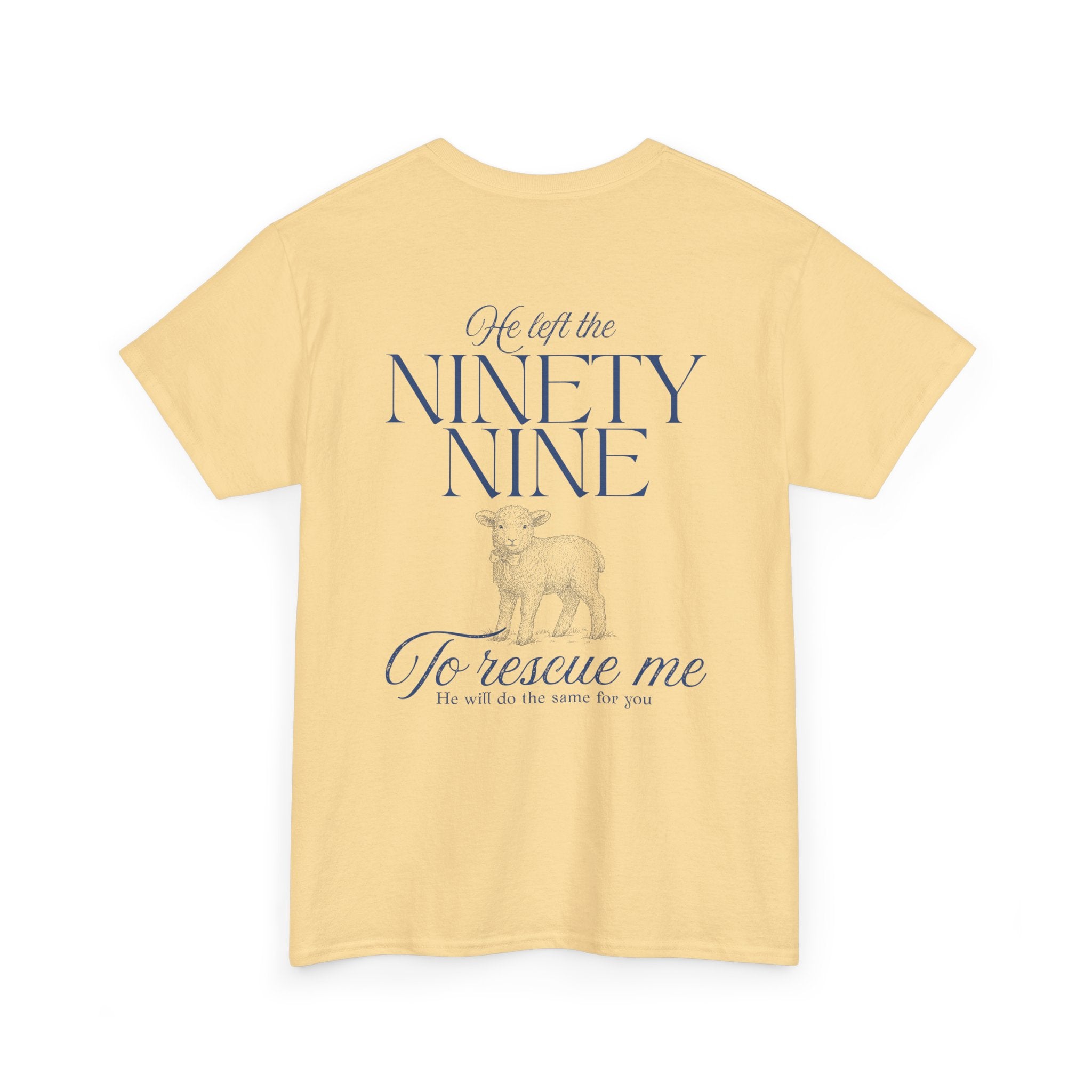 Back view of t-shirt in color Yellow Haze with blue text from Luke chapter 15 and a blue lamb graphic