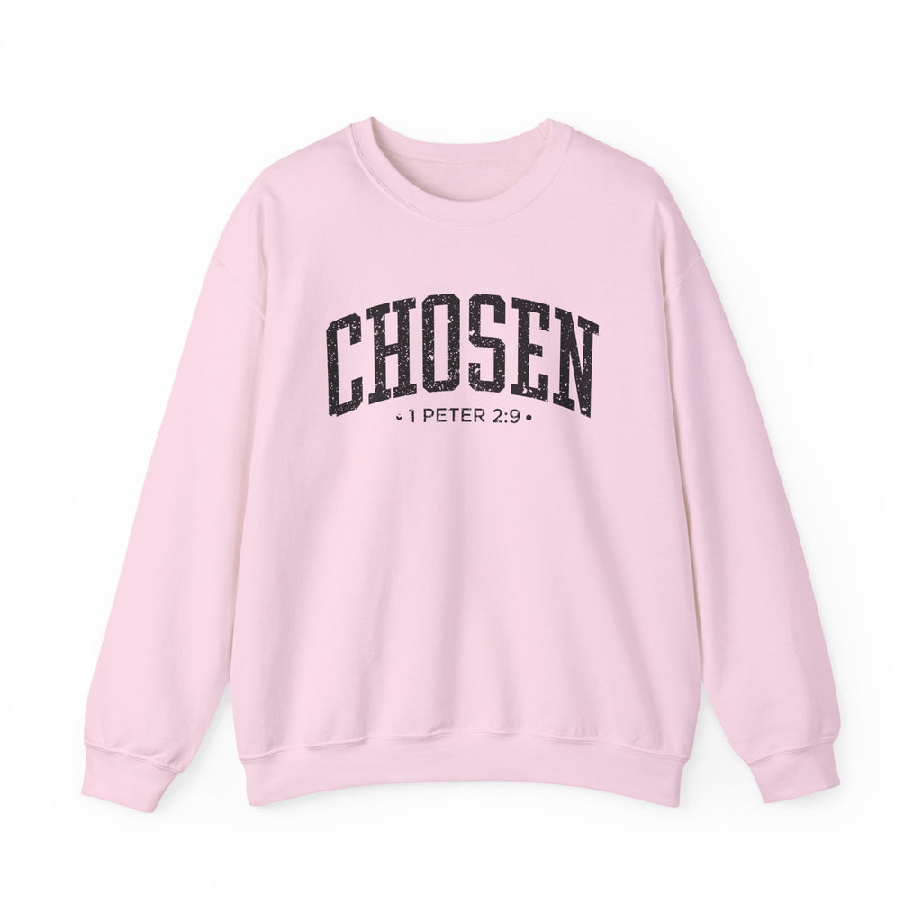 Front view of Light Pink crewneck sweatshirt with black large CHOSEN text and 1 Peter 2:9 below it across chest