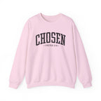 Front view of Light Pink crewneck sweatshirt with black large CHOSEN text and 1 Peter 2:9 below it across chest