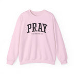 Front view of Light Pink crewneck sweatshirt with black large PRAY text and Colossians 4:2 below it across chest