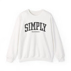 Front view of White crewneck sweatshirt with black large 'SIMPLY BLESSED' text across chest