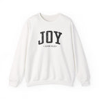 Front view of White crewneck sweatshirt with black large JOY text and John 16:22 below it across chest