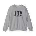 Front view of Sport Grey crewneck sweatshirt with black large JOY text and John 16:22 below it across chest