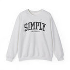 Front view of Ash crewneck sweatshirt with black large ‘SIMPLY BLESSED’ text across chest