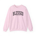 Front view of Light Pink crewneck sweatshirt with black large BLESSED text and John 20:29 below it across chest