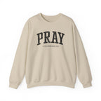 Front view of Sand crewneck sweatshirt with black large PRAY text and Colossians 4:2 below it across chest