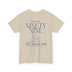 Back view of t-shirt in color Sand with blue text from Luke chapter 15 and a lamb graphic