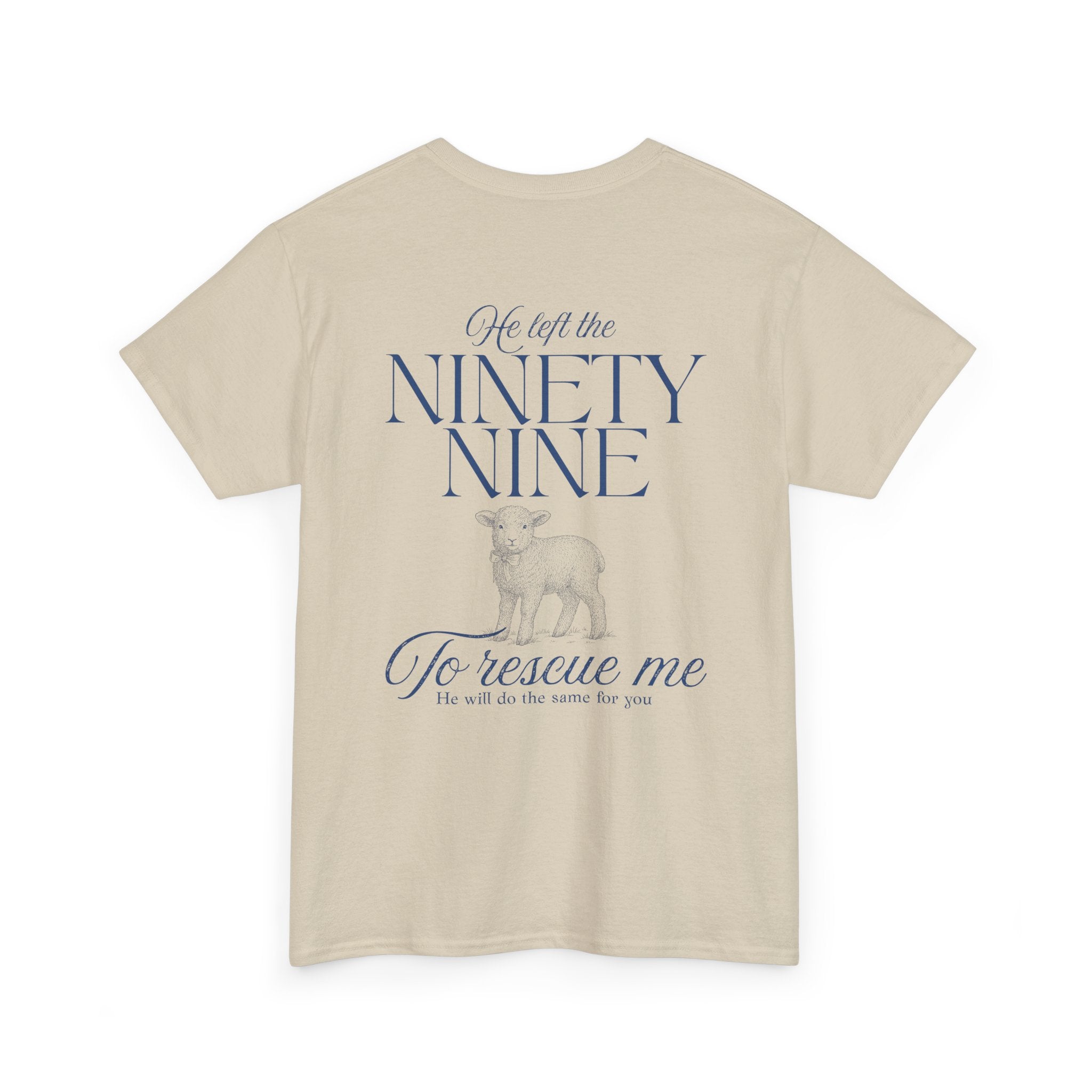 Back view of t-shirt in color Sand with blue text from Luke chapter 15 and a lamb graphic