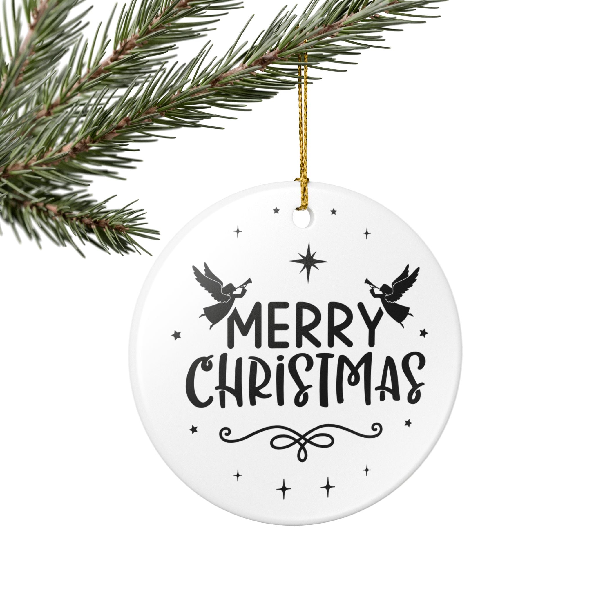 Front view of White ceramic Christmas ornament with graphic displaying stars, angels, and text that says Merry Christmas hanging on a tree branch