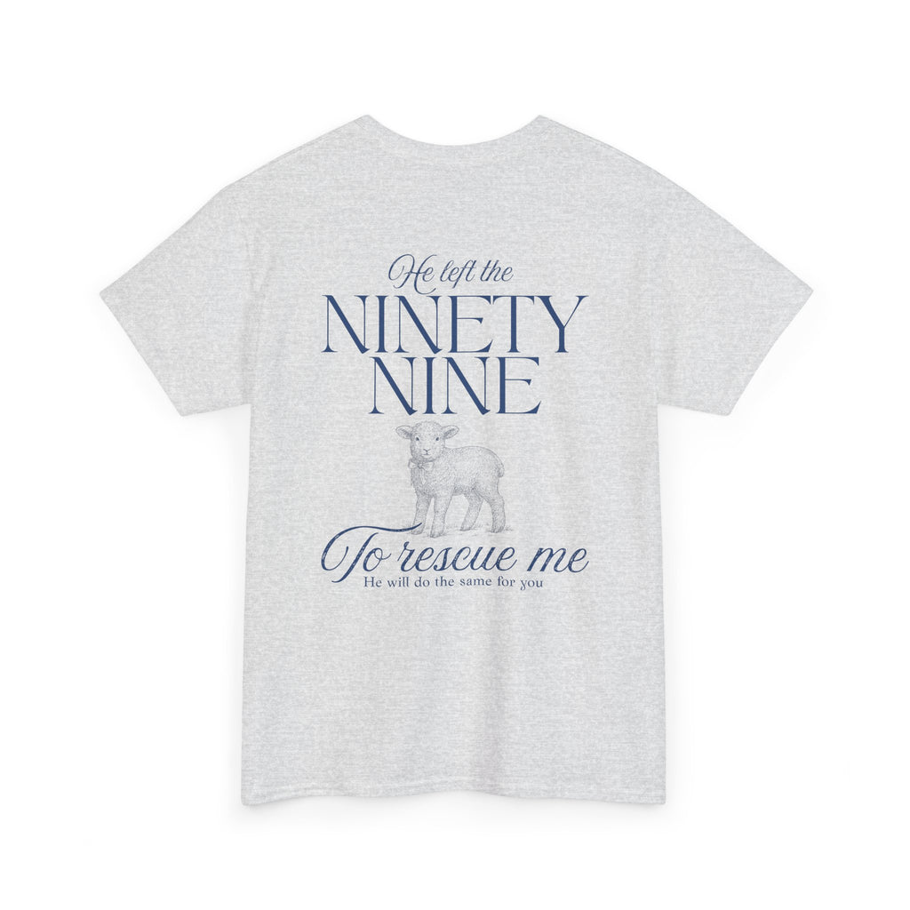 Back view of Ash color t-shirt with blue text from Luke chapter 15 and lamb graphic