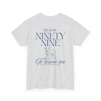Back view of Ash color t-shirt with blue text from Luke chapter 15 and lamb graphic