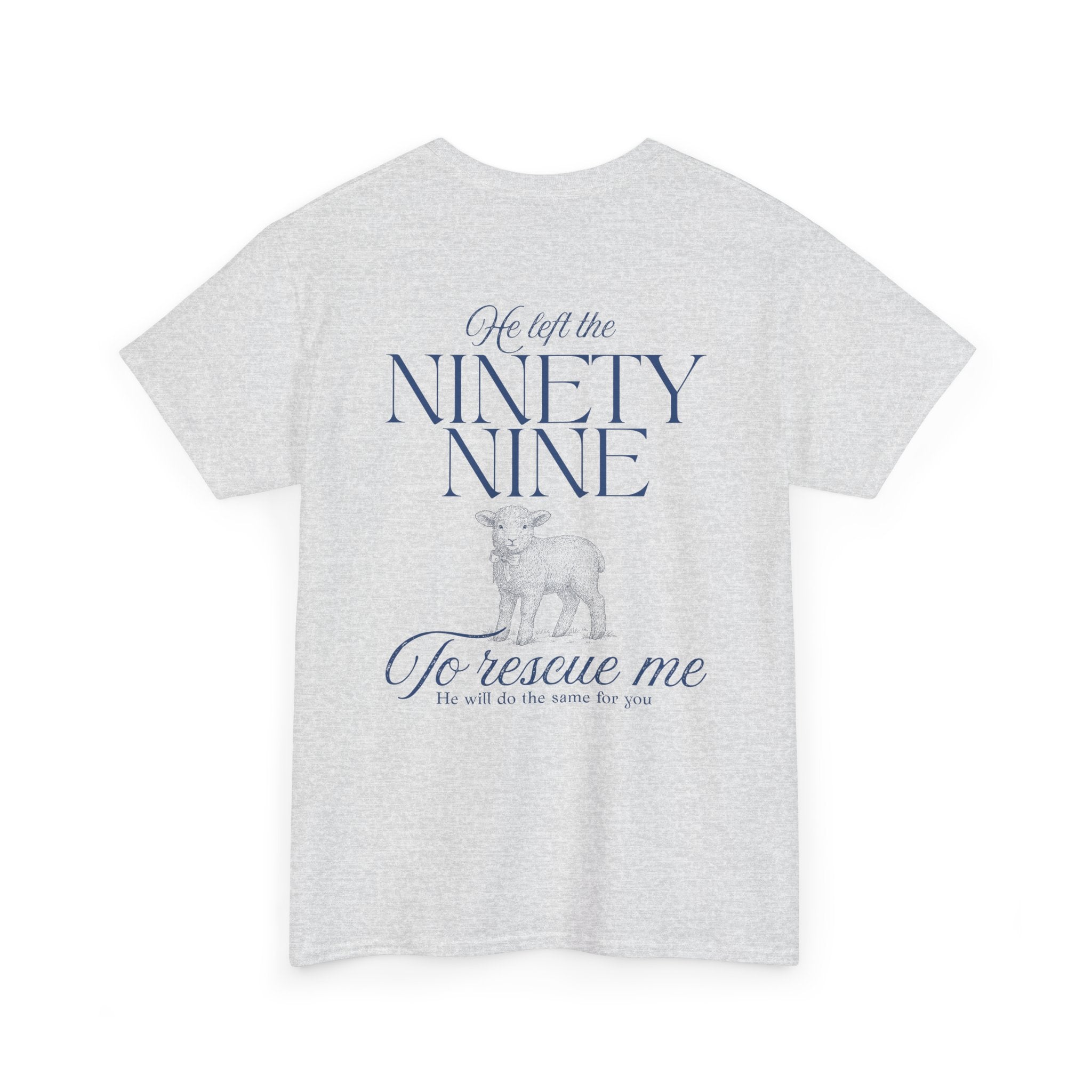 Back view of Ash color t-shirt with blue text from Luke chapter 15 and lamb graphic