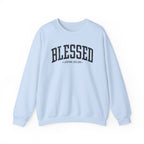 Front view of Light Blue crewneck sweatshirt with black large BLESSED text and John 20:29 below it across chest