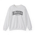Front view of Ash crewneck sweatshirt with black large BLESSED text and John 20:29 below it across chest