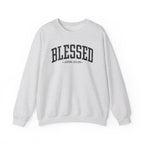 Front view of Ash crewneck sweatshirt with black large BLESSED text and John 20:29 below it across chest