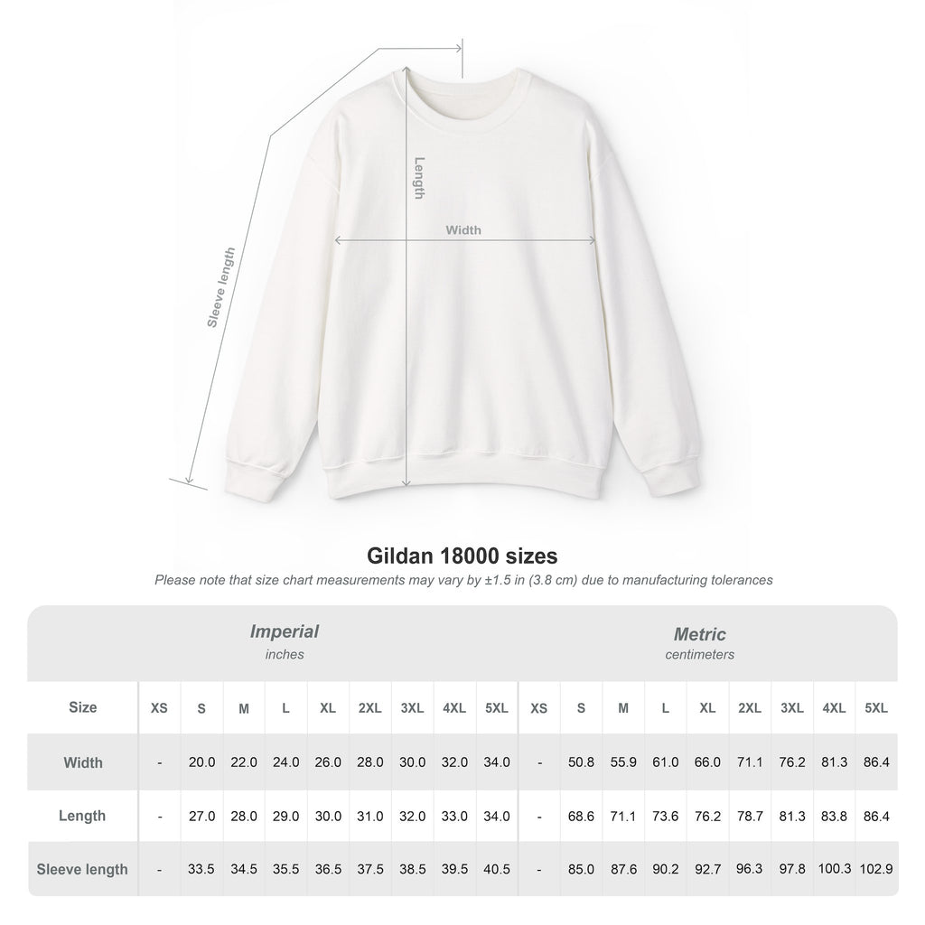 Measurement size chart for Gildan 18000 unisex crewneck sweatshirts