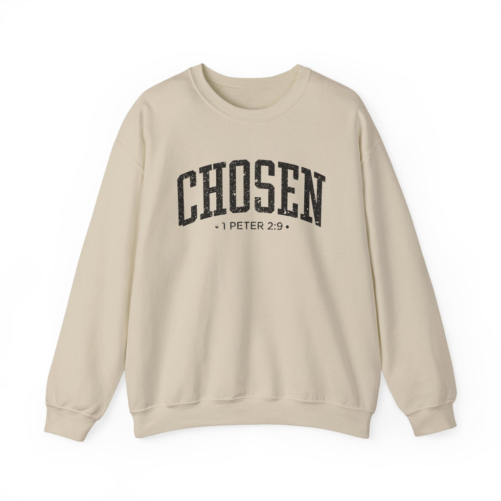 Front view of Sand crewneck sweatshirt with black large CHOSEN text and 1 Peter 2:9 below it across chest