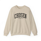 Front view of Sand crewneck sweatshirt with black large CHOSEN text and 1 Peter 2:9 below it across chest
