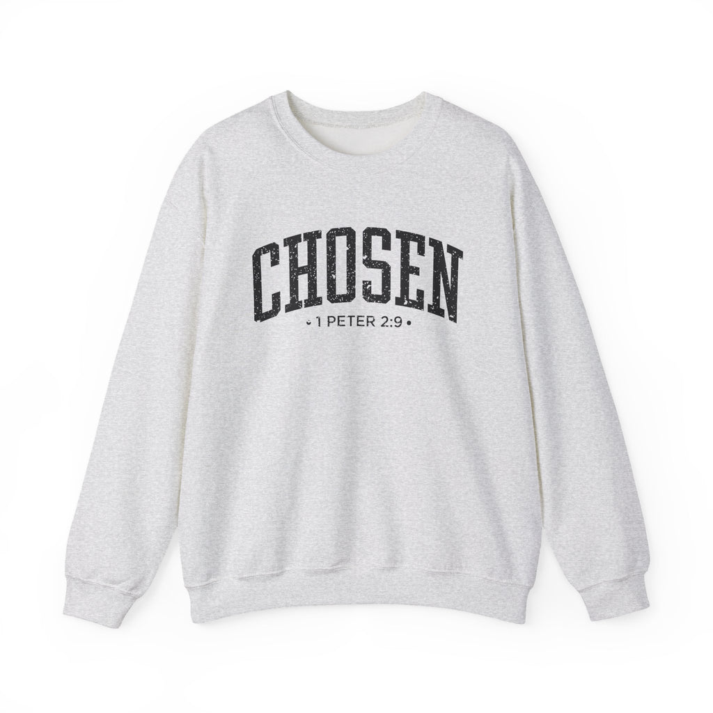 Front view of Ash crewneck sweatshirt with black large CHOSEN text and 1 Peter 2:9 below it across chest