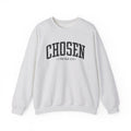Front view of Ash crewneck sweatshirt with black large CHOSEN text and 1 Peter 2:9 below it across chest