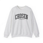Front view of Ash crewneck sweatshirt with black large CHOSEN text and 1 Peter 2:9 below it across chest