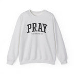 Front view of Ash crewneck sweatshirt with black large PRAY text and Colossians 4:2 below it across chest