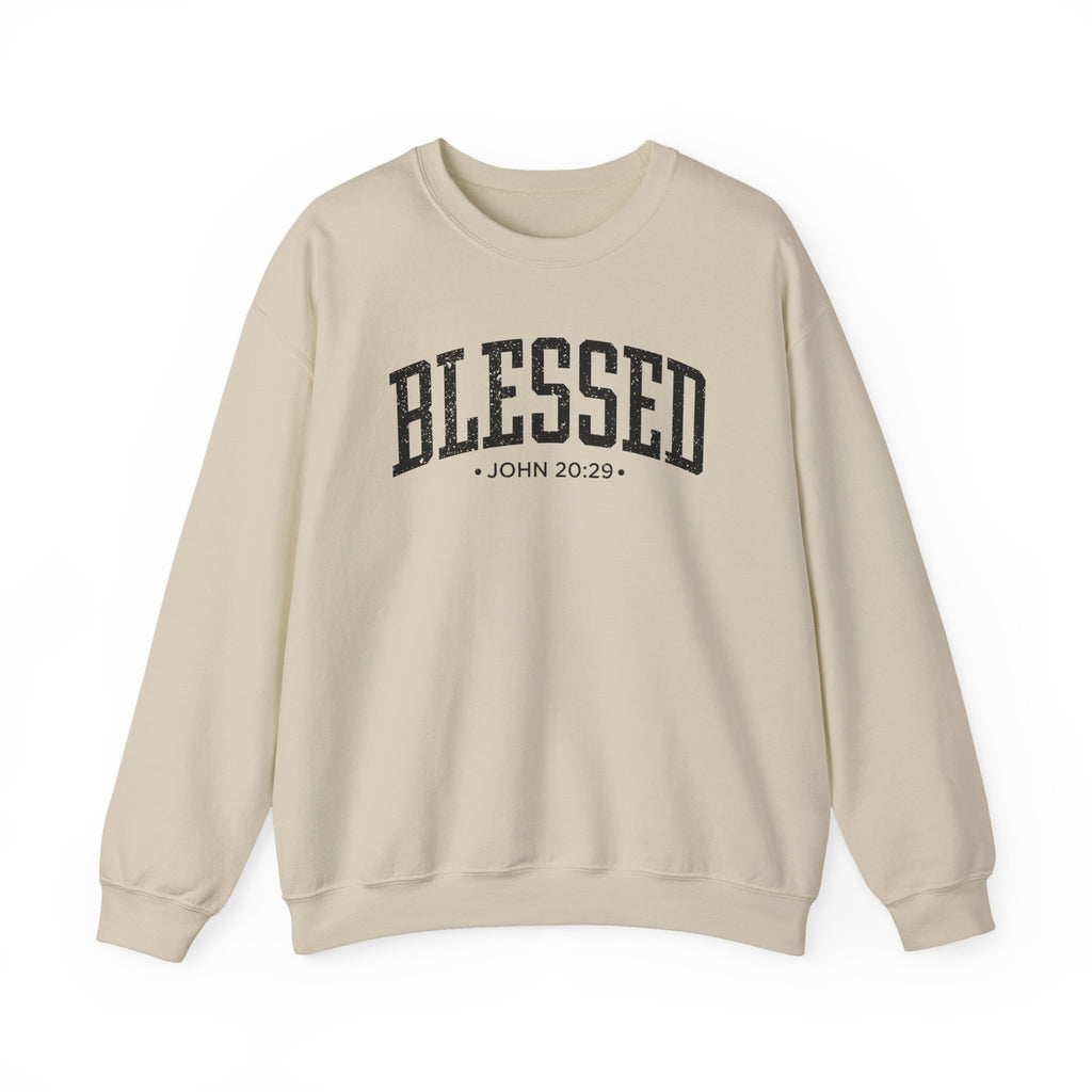 Front view of Sand crewneck sweatshirt with black large BLESSED text and John 20:29 below it across chest