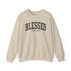 Front view of Sand crewneck sweatshirt with black large BLESSED text and John 20:29 below it across chest