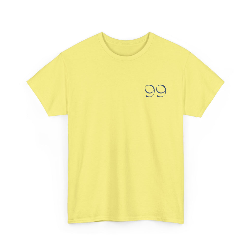 Front view of t-shirt in the color Cornsilk with a blue '99' graphic on the left chest