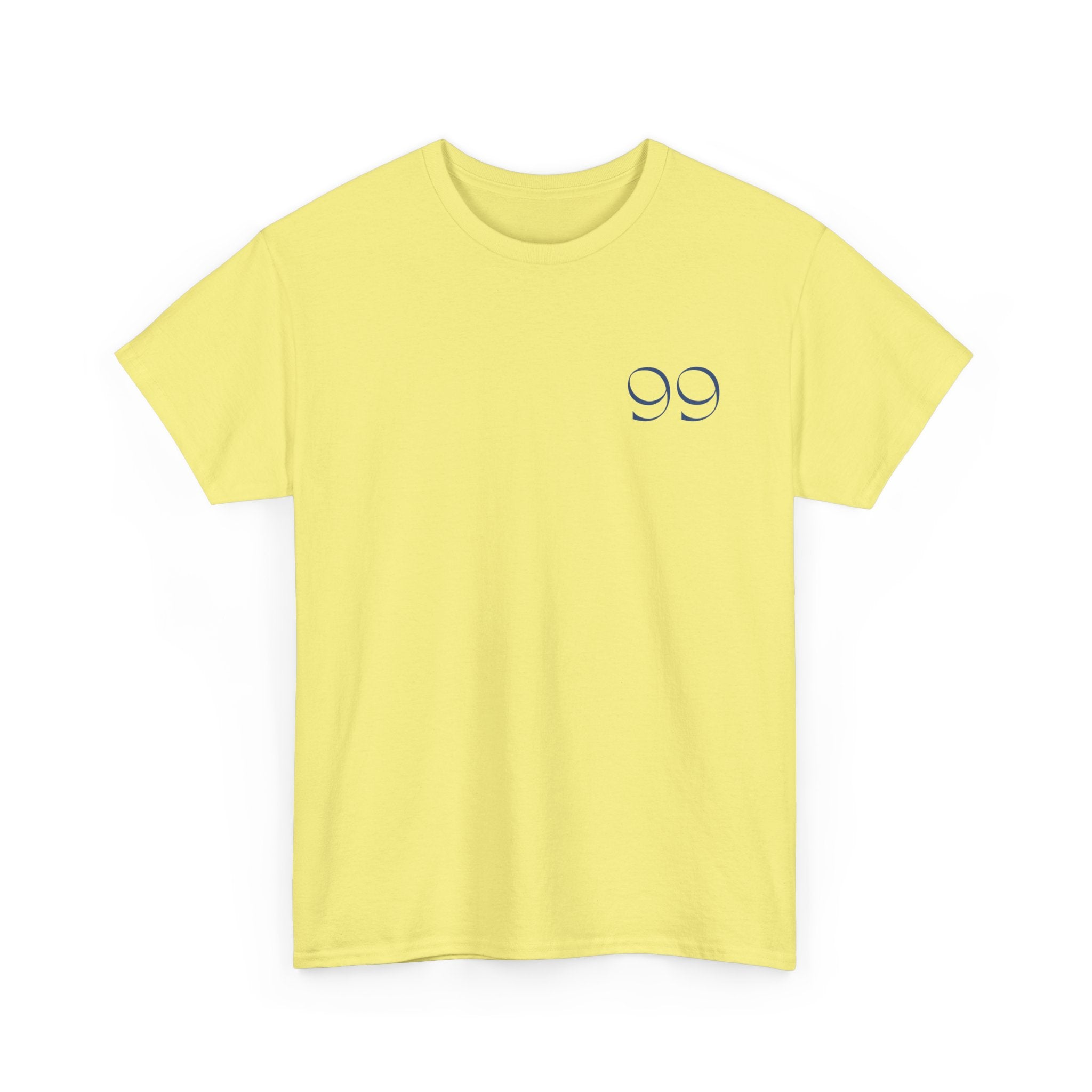 Front view of t-shirt in the color Cornsilk with a blue '99' graphic on the left chest