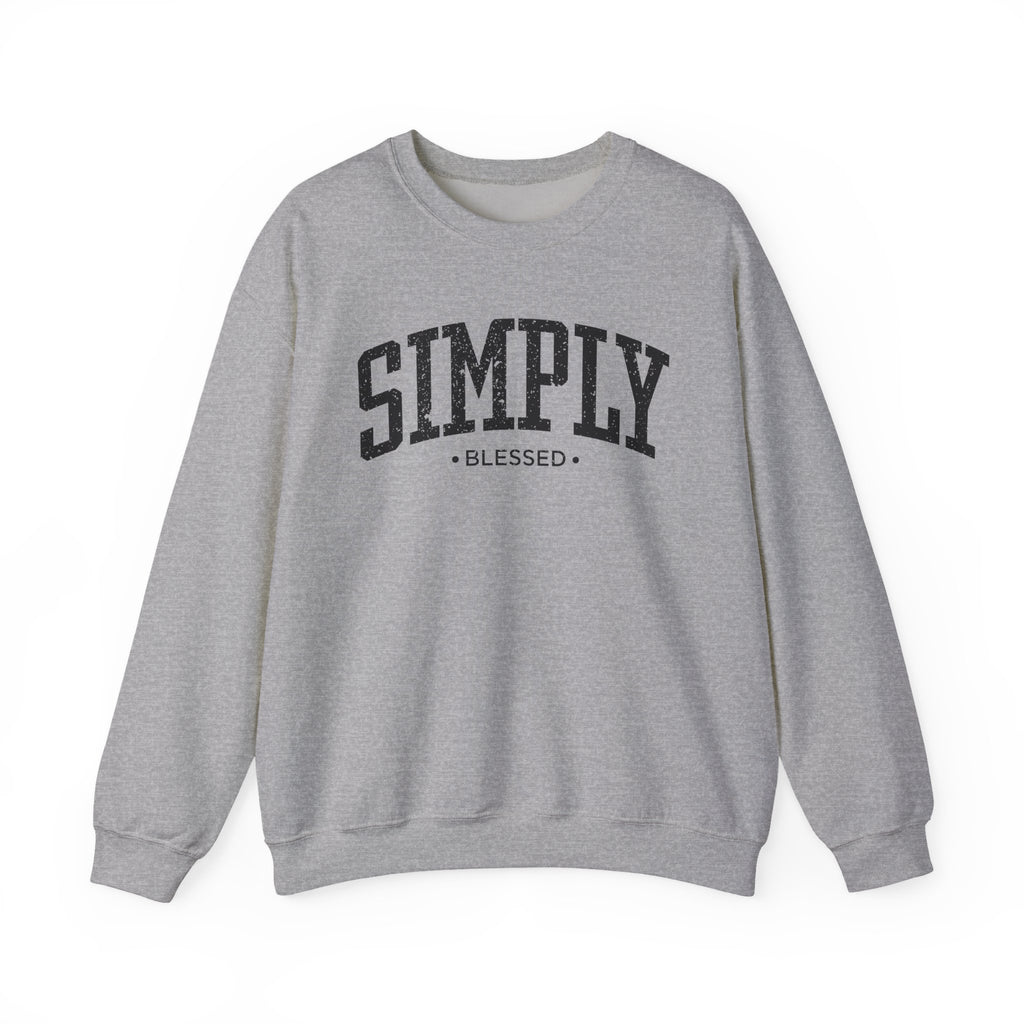 Front view of Sport Grey crewneck sweatshirt with black large ‘SIMPLY BLESSED’ text across chest