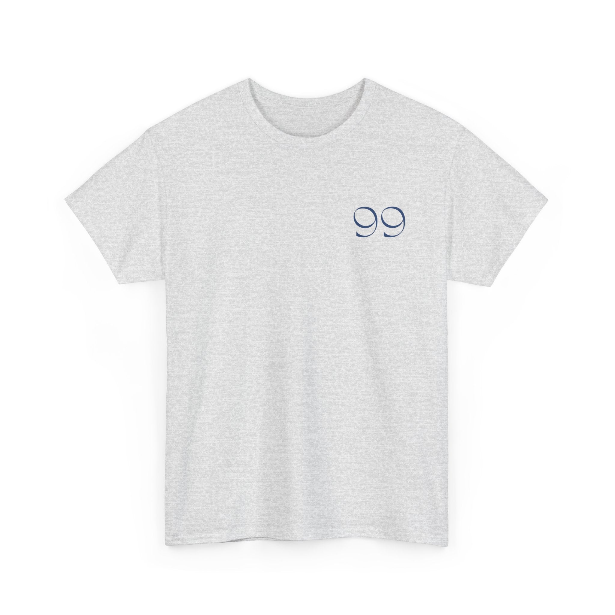 Front view of Ash color t-shirt with blue '99' graphic on left chest