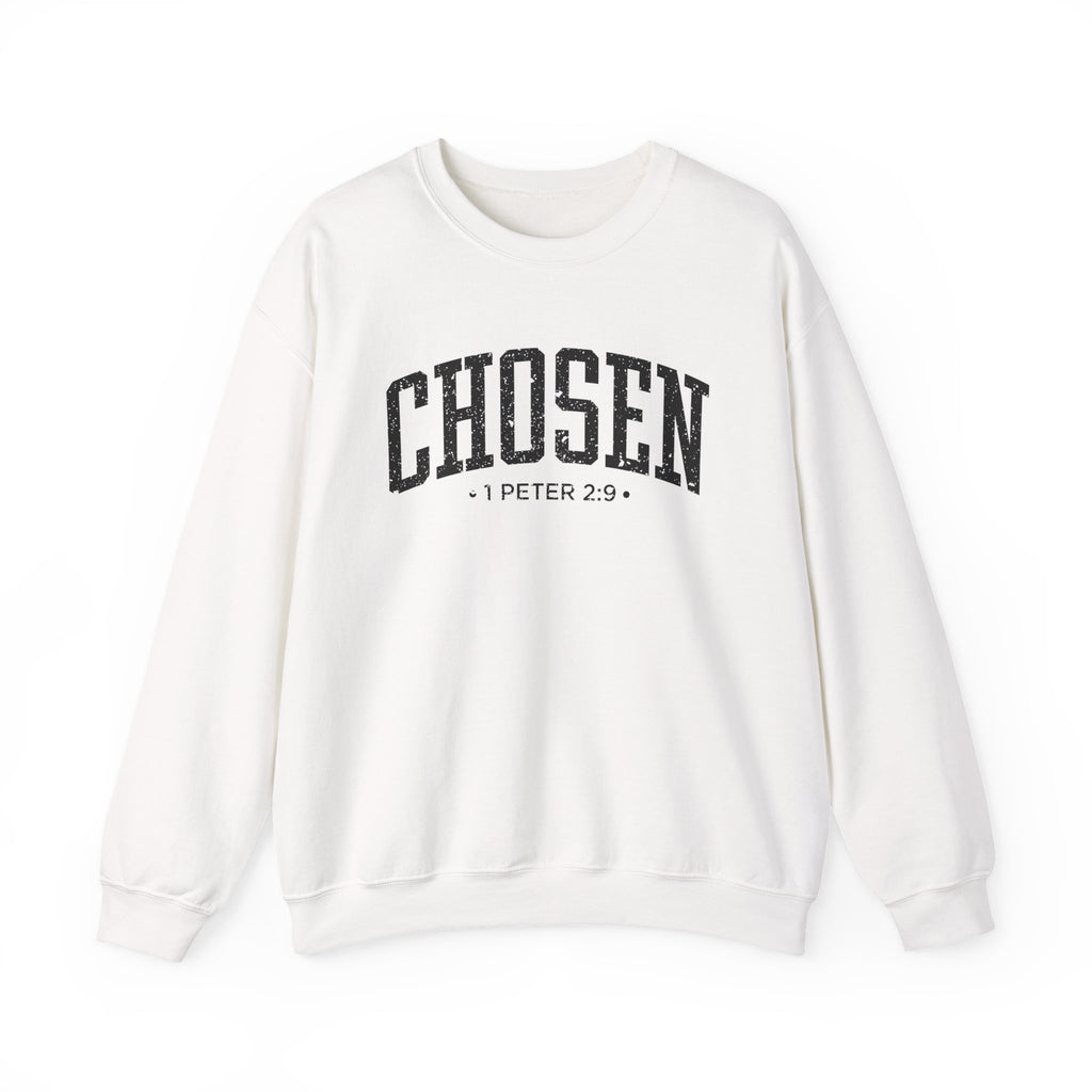 Front view of White crewneck sweatshirt with black large CHOSEN text and 1 Peter 2:9 below it across chest