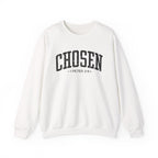Front view of White crewneck sweatshirt with black large CHOSEN text and 1 Peter 2:9 below it across chest