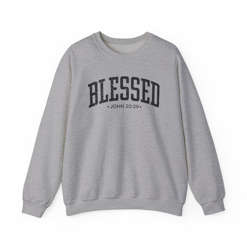 Front view of Sport Grey crewneck sweatshirt with black large BLESSED text and John 20:29 below it across chest