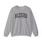 Front view of Sport Grey crewneck sweatshirt with black large BLESSED text and John 20:29 below it across chest
