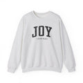Front view of Ash crewneck sweatshirt with black large JOY text and John 16:22 below it across chest