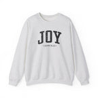 Front view of Ash crewneck sweatshirt with black large JOY text and John 16:22 below it across chest