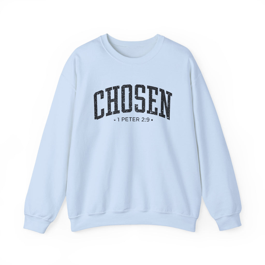 Front view of Light Blue crewneck sweatshirt with large black CHOSEN text and 1 Peter 2:9 below it across chest