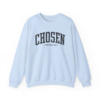 Front view of Light Blue crewneck sweatshirt with large black CHOSEN text and 1 Peter 2:9 below it across chest