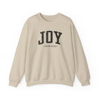 Front view of Sand crewneck sweatshirt with black large JOY text and John 16:22 below it across chest