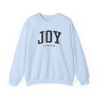 Front view of Light Blue crewneck sweatshirt with black large JOY text and John 16:22 below it across chest