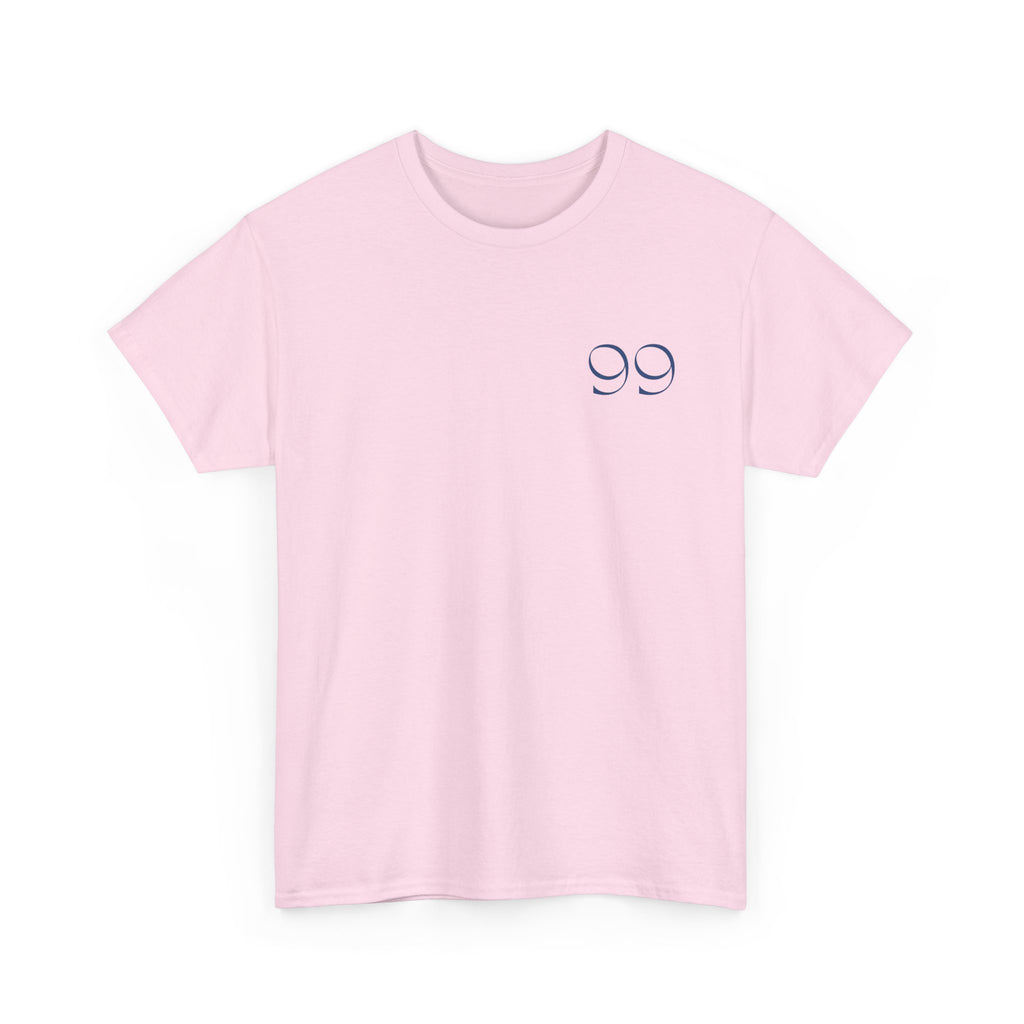 Front view of t-shirt in the color light pink with a blue '99' graphic on the left chest