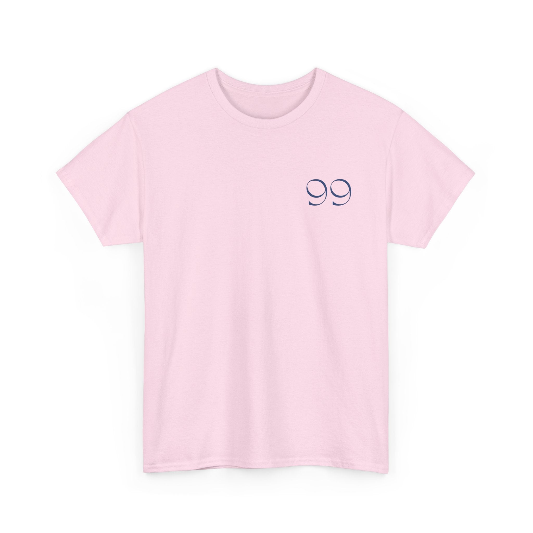 Front view of t-shirt in the color light pink with a blue '99' graphic on the left chest