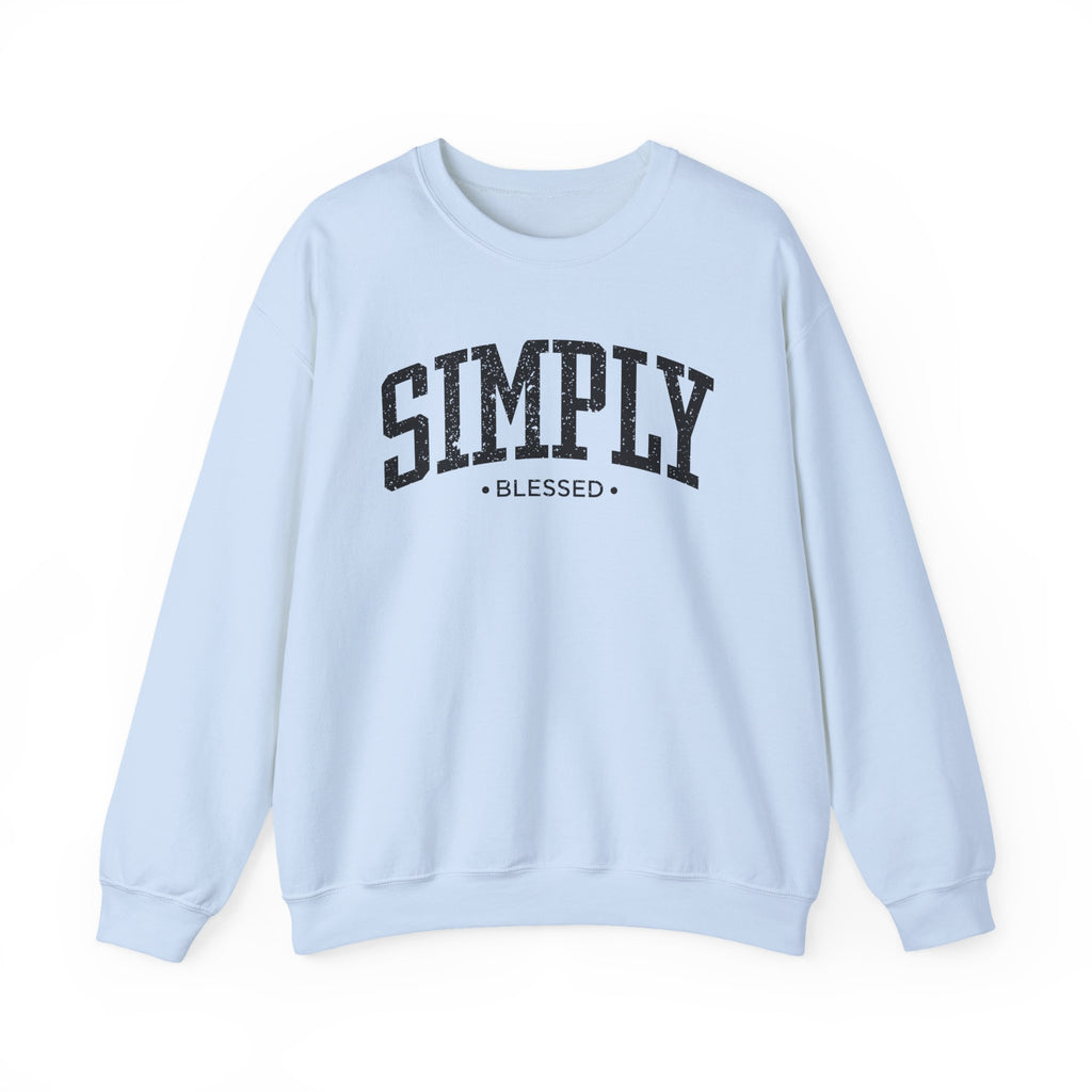 Front view of Light Blue crewneck sweatshirt with black large ‘SIMPLY BLESSED’ text across chest