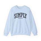 Front view of Light Blue crewneck sweatshirt with black large ‘SIMPLY BLESSED’ text across chest